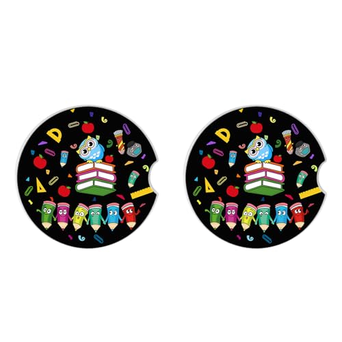 2 Pack Ceramic Cup Holders,Owl and Pencil Pattern Car Coasters Set for Women/Men,2.56" Ceramic Stone & Cork Base Drink Coasters. - color: Owl and Pencil