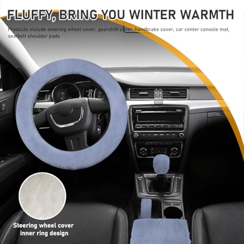 Ohleats 6 PCS Fluffy Steering Wheel Covers Set, 15'' Furry Car Wheel Cover, Soft Gear Shift & Handbrake Cover, Center Console & Seat Belt Shoulder Pads for Women, Car Accessories (Gray) - color: Gray