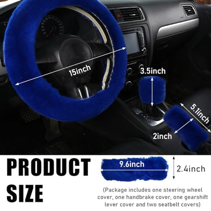5 PCS Fluffy Steering Wheel Covers Set, Faux Wool Steering Wheel Cover & Handbrake Cover & Gear Shift Cover & 2 Seat Belt Shoulder Pads, Universal Car Accessories (Dark Blue) - color: Dark Blue