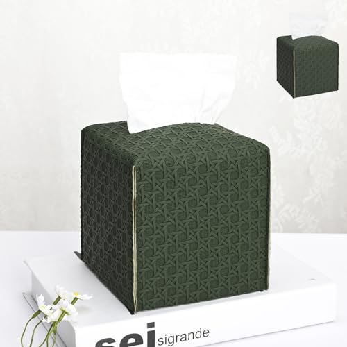 HOMOTEK 2 Pack Tissue Box Cover, Square PU Leather Tissue Holder, Decorative Facial Tissue Cube Paper Organizer Dispenser for Bathroom, Night Stands, Desk, Car 5X5X5'' - Rattan Weave,Emerald Green - color: Olive Green, size: Rattan Weave