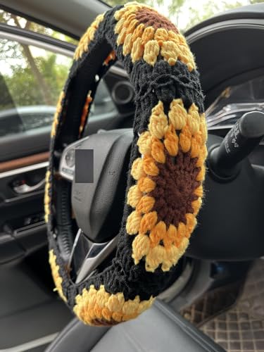 Handmade Crochet Sunflower Car Steering Wheel Covers Universal 14-15 inch for Women and Men (Black:Steering Wheel Cover) - color: Black:Steering Wheel Cover