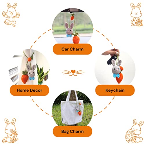 Grey Bunny & Carrot Ornament - Handmade Hanging Car Charm, Automotive & House Decoration, Crochet Keychain Charm - style: Grey Bunny And Carrot Car Charm