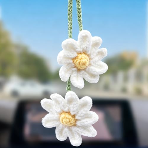 Crochet Daisy Car Mirror Hanging Decor – Handmade Knitted Flower Accessories for Women, Aesthetic Rear View Mirror Decor, Cute Car Accessories (White) - color: Crochet Daisy Flower