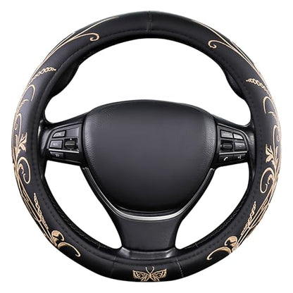 Car Leather Steering Wheel Cover - Panapi Material, Universal 14.5-15 Inch Leather Anti-Slip Breathable Auto Steering Wheel Covers for Men Women (Embroidery-Beige) - color: Embroidery-Beige
