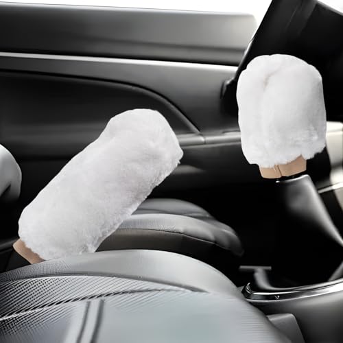 Sun Walker Fluffy Car Gear Shift Knob & Handbrake Cover, Furry Auto Hand Brake Handle & Shifter Stick Protective Cover, Soft Plush Decorative Protector Interior Accessories for Vehicles (White) - color: White