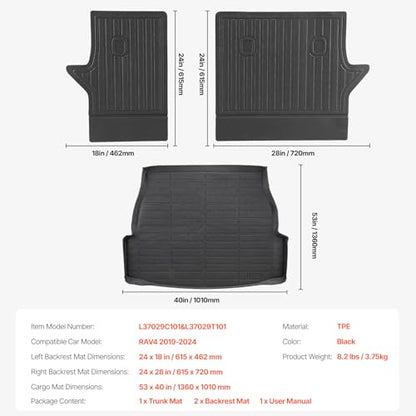 VEVOR Cargo Mats Compatible with Toyota RAV4 2019-2024, Custom Fit TPE Cargo Liner Set for SUVs, Trunk and Rear Back Seat Protector Replacement, Black, Trunk Mat and Backrest Mats - style: Toyota RAV4 2019-2024