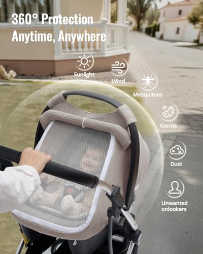 Blissful Diary Baby Car Seat Cover, Extra Large Mesh Window, Breathable Muslin Cotton, Infant Windproof Canopy, Agreeable Gray - color: Agreeable Gray
