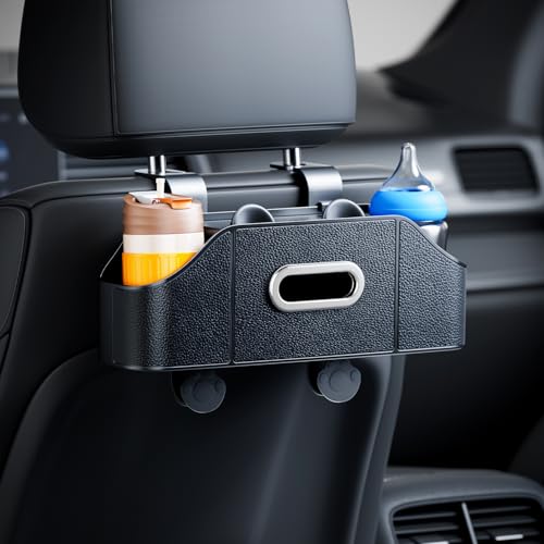 7-in-1 Car Seat Organizer with Cup Holders, Trash Can, Tissue Dispenser & Hooks, Multifunctional Headrest Storage for Backseat, Travel Essentials for Family Car Trips (Black)