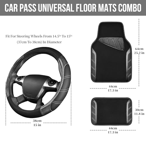 CAR PASS Leather Steering Wheel Cover and Waterproof Car Floor Mats,Microfiber Universal Car Combo Fit for 95% Sedan,SUV,Cars,14.5-15inch Sporty Anti-Slip Safety Comfortable Design(Carbon Fiber Black) - color: Carbon Fiber Black