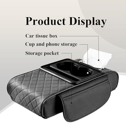 Car Armrest Cover With Cup Holder, Premium Leather Car Armrest Cushion And Tissue Box, Stable Car Center Console Organizer For Drinks, Phone And Small Accessories