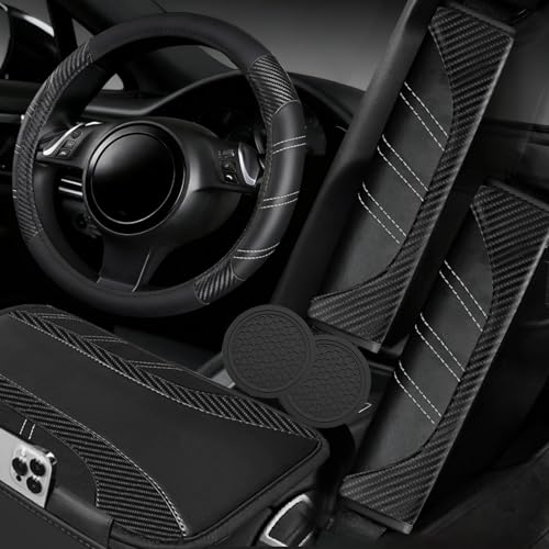 NBTEPEM 6 Pcs Black Car Accessories Set, Sport Leather Steering Wheel Cover 14.5-15inch Universal, Car Center Console Cover, Seat Belt Cushion, Cup Holder Coaster (Black Carbon Fiber) - color: Black Carbon Fiber, size: Steering Wheel Cover Set