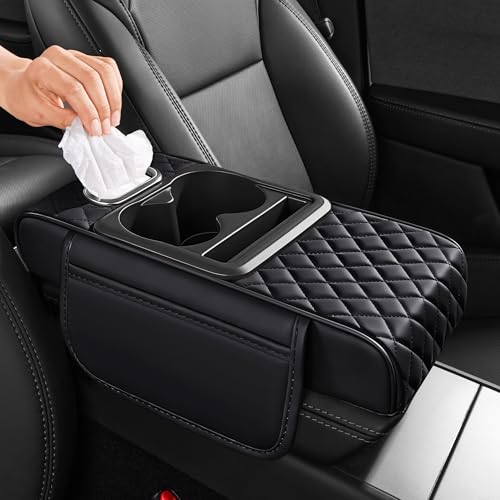 5 in 1 Car Center Console Cover, Armrest Pad with 2 Storage Pockets, Cup Holder, Tissue Slot, Phone Holder, Nappa Leather Memory Foam Car Accessories for SUV Sedan Truck (Black)