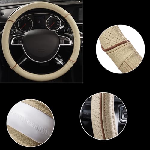 CAR PASS Line Rider Universal Fit Delux Leather Steering Wheel Cover, for suvs,sedans,Vans,Trucks for 14.7" to 15" (Beige) - color: Beige