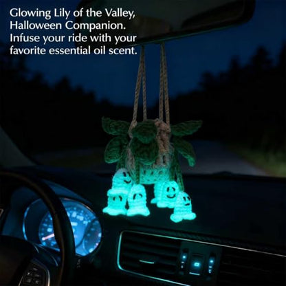 ROFIGL Handmade Crochet Hanging Car Air Freshener - Glow-in-the-Dark Lily of the Valley Plant with 12ml Refillable Essential Oil Diffuser Bottle, Halloween Car Accessories & Bedroom Nightlight Decor - style: Lily Ghost