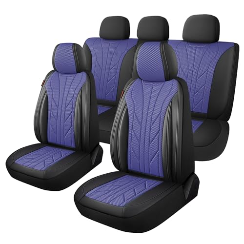 Luxury Faux Leather&Fabric Car Seat Covers Full Set with Breathable 3D Foam Back Support,Universal Comfortable Seat Covers for Cars,Trucks,SUVs, Front Armrests Compatible(5-Seat Black/Blue)