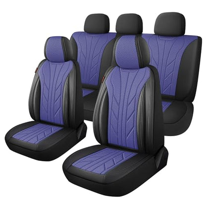 Luxury Faux Leather&Fabric Car Seat Covers Full Set with Breathable 3D Foam Back Support,Universal Comfortable Seat Covers for Cars,Trucks,SUVs, Front Armrests Compatible(5-Seat Black/Blue)