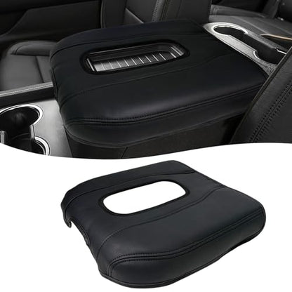 Center Console Armrest Cover Compatible with Chevy Silverado GMC Sierra 2019-2026, Tahoe Yukon Suburban 2021-2026, Scratch Resistant Vinyl Leather, Black (Black)