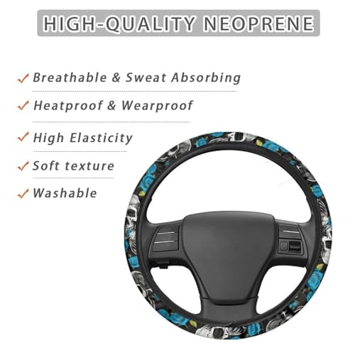 AFPANQZ Skulls Print Car Steering Wheel Cover Stretch-on Fabric Neoprene Comfortable Grip Automotive Steering Wheel Protector Adult Anti-Slip Universal 15 inch Machine Washable Gray - color: Skulls gray