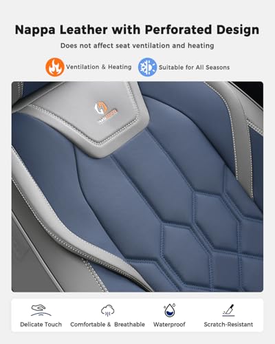 Huidasource Seat Covers Full Set, Universal Fit for Most Cars SUVs Trucks, Full Coverage Leather Seat Cover, Airbag, Cupholder Compatible, Seat Function Retain, Easy Install with Velcro, Gray&Blue - color: FS: Gray&Blue, size: Full Set