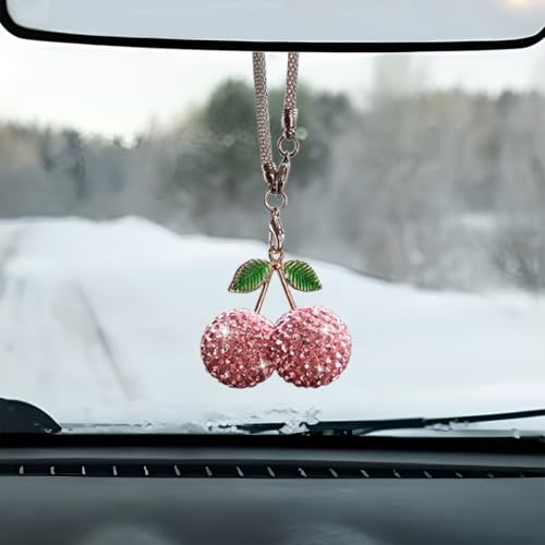 Bling Cherry Car Rear View Mirror Charm, Rhinestone Auto Rearview Mirror Pendant Ornament, Sparkly Diamond Hanging Decoration, Lucky Vehicle Interior Accessory for Women (Pink) - color: Pink