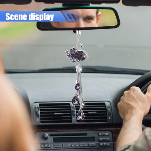Bling Swan Car Hanging Ornament, Cute Crystal Rhinestone Car Rear View Mirror Accessories, Double Sided Car Decorations Pendant, Car Mirror Hanging Charm for Women Girls (Purple)