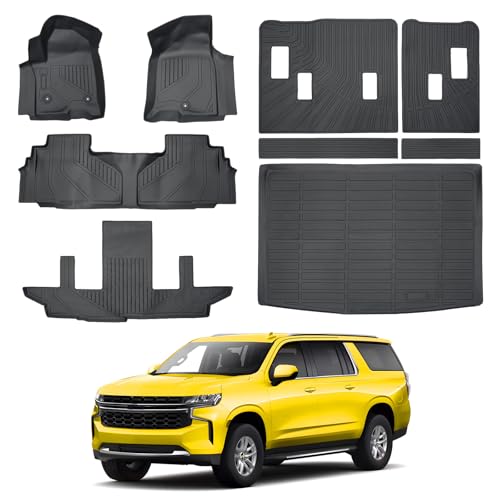 KUST Floor Mats Cargo Mat Set for 2021-2025 2026 Chevy/Chevrolet Suburban & GMC Yukon XL, All Weather Trunk Mat Backrest Mat for Suburban/Yukon XL Accessories TPE Rubber Liners (7 Seater Only) - style: For │ Suburban 7 Seats 2021-2026 │ Full Set