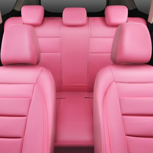 CAR PASS Pink Leather Seat Covers Full Set Universal Water Resistant 3D Foam Back Support, Luxury Comfort Automotive 5 Seat Covers for Women All Season Fit SUV,Sedan,Van, Airbag Compatible Pink - color: All Pink