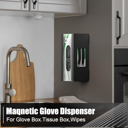Magnetic Glove Box Holder, Disposable Glove Dispenser Wall Mount, Metal Glove Rack Organizer for Rubber Latex Gloves Tissue Box, Black