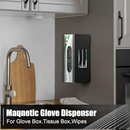 Magnetic Glove Box Holder, Disposable Glove Dispenser Wall Mount, Metal Glove Rack Organizer for Rubber Latex Gloves Tissue Box, Black