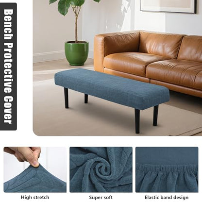 Stretch Bench Seat Cover, Reusable Slipcover for Dining Room & Bedroom, Removable Washable Rectangular Bench Covers, Elastic Fit for Home Furniture(Leaf Blue) - color: Leaf Blue