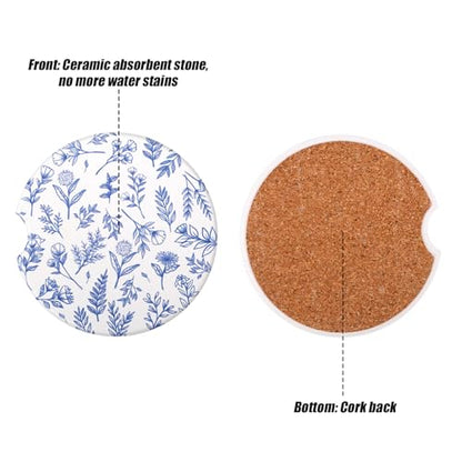 2pcs Car Cup Coasters, 2.6in Absorbent Ceramic Car Coasters with Cork Backing Non-Slip Cup Holders Vehicle Interior Decor Accessories for Women Men (Retro Blue Flowers)