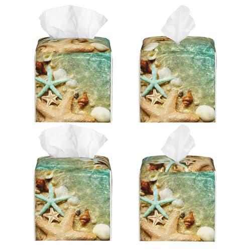 Starfish Seashell on Summer Beach Tissue Box Cover Square, Starfish Seashell Tissue Box Holder Waterproof Leather Facial Paper Organizer Dispenser for Bathroom Home Car Nightstand Vanity Desk - color: Color-2