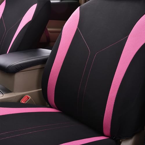 Flying Banner Car Seat Covers Full Set Front Seats and Rear Bench Mesh Fabric Splicing Polyester Cover Black with Pink Color - color: Black Pink, size: Full Set