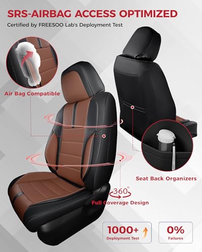 FREESOO Universal Full Seat Covers, Waterproof Faux Leather Automotive Seat Covers with Carbon Fiber Texture Seat Belt Pads, Anti-Slip Airbag Compatible Car Seat Covers for Cars SUVs Trucks - color: Black Brown, size: Full Set - 5 Seats