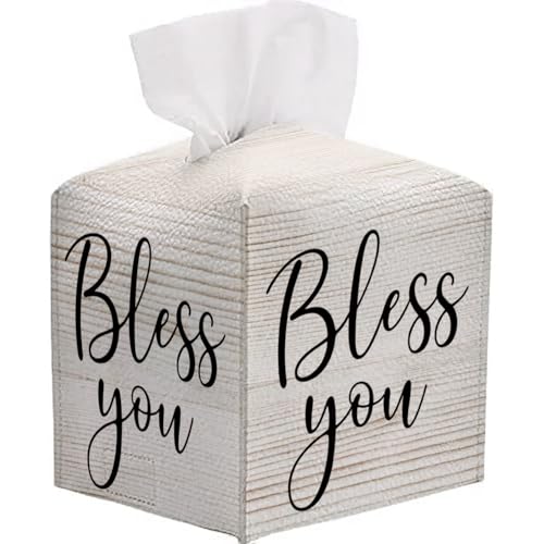 Tissue Box Cover Holder Square - Vintage Boho PU Leather Decorative Organizer, Ethnic Carpet Pattern Design Inspired, with Bottom Belt for Bathroom Car Office Tabletop Home, 5x5 Inch (Beige-bless you) - color: Beige-bless You