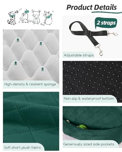 Lealchum Dog Booster Car Seat for Small/Medium Dogs,6in Elevated Cushion,Fully Detachable and Washable,2 Storage Pockets & 3 Straps,Fits in Front/Back Seat,Easy to Install (Green,Medium) - color: Green