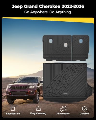 3W Cargo Mat & Backrest Mats for 2022-2025 2026 Jeep Grand Cherokee Accessories, Full Coverage All Weather Trunk Cargo Liner with Backrest Protectors (Include 4xe Not for L or WK), Black
