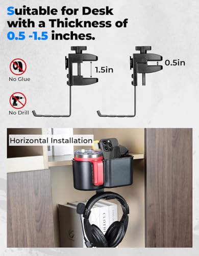 KEMIMOTO Desk Cup Holder with Headphone Hanger, 2 in 1 Caddy Organizer for Office Table, Lawn Chair, Golf Cart, Pontoon Boat, Fit for Most 18-32 oz Bottles (1) - color: Black