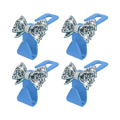 Bling Car Headreat Hook, 2PCS Crystal Rhinestone Cute Bow Vehicle Seat Back Hanger Storage for Purses Bags Grocery, Diamond Auto Rear Seat Organizer, Universal for SUV Truck Sedan (Light Blue) - style: Light Blue/4PCS