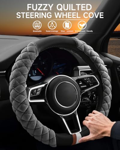 Cxtiy Fluffy Steering Wheel Cover Women Men Plush Steering Wheel Warmer for Winter Soft Fuzzy Luxury Car Accessories (A-Gray) - color: gray