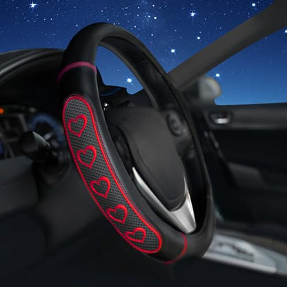 Ventilated Heart-Shaped Steering Wheel Cover with Anti-Slip Leather Grip. Compatible with Ford, Toyota, Honda, Nissan, and Chevrolet Vehicles for 14.5-15.2 inch Round Steering Wheels. - color: Love Red
