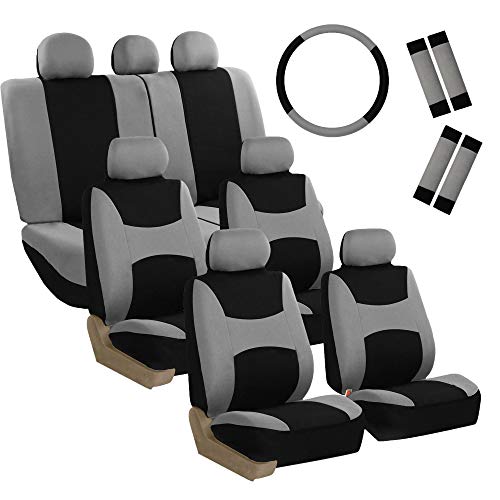 FH Group 3 Row Set 7 Seater Light & Breezy Flat Cloth Car Seat Covers, Combo Steering Wheel Cover & Seat Belt Pads, Airbag and Split Rear, Universal Fit for Cars Trucks, SUV, Gray - color: Gray