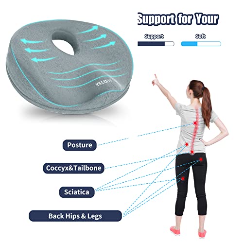 Donut Pillow for Tailbone Pain Relief and Hemorrhoids, Memory Foam Donut Cushion for Sciatica Nerve, Seat Cushion Butt Pillow for Men Women at Home Office Chair Car Long Sitting Comfort, Gray