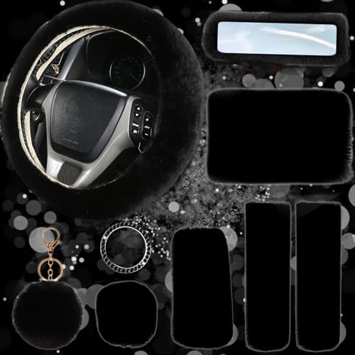 9-Pack Fluffy Car Accessories Set,Silence Shopping Fluffy Steering Wheel Cover Winter Warm Fur Steering Wheel Cover Fuzzy Car Decoration Accessories for Women Girls (Black) - color: Black