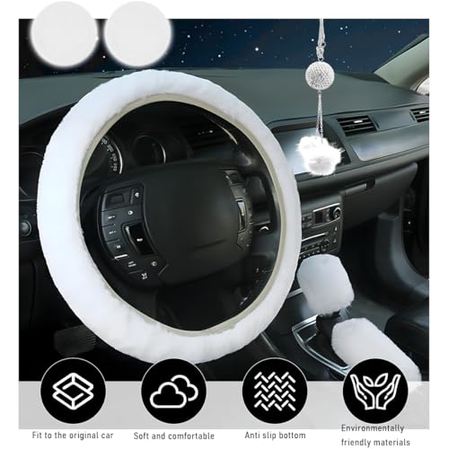 6 PCS Fluffy Steering Wheel Covers Set, 15 Inch Soft Steering Wheel Cover, Handbrake Cover & Gear Shift Cover & Cup Holder Coaster & Car Mirror Accessory, Car Accessories (White) - color: White