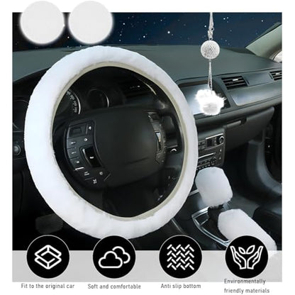 Yourkar 6 PCS Fluffy Steering Wheel Covers Set, 15 Inch Soft Steering Wheel Cover, Handbrake Cover & Gear Shift Cover & Cup Holder Coaster & Car Mirror Accessory, Car Accessories (White) - color: White