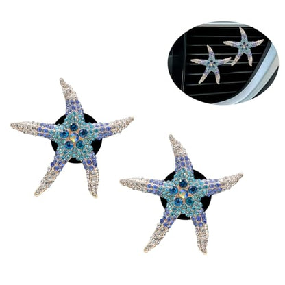 ORIESSE Beach Car Decor,Cute Coastal Car Vent Clips,Starfish Car Air Freshener,2pcs Ocean Themed Dashboard Accessories for Women Teens,Refillable Blue Rhinestone Diffuser