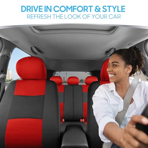 BDK PolyPro Car Seat Covers Full Set in Red on Black – Front and Rear Split Bench Seat Covers for Cars, Easy to Install Car Seat Cover Set, Car Accessories for Auto Trucks Van SUV - color: Red