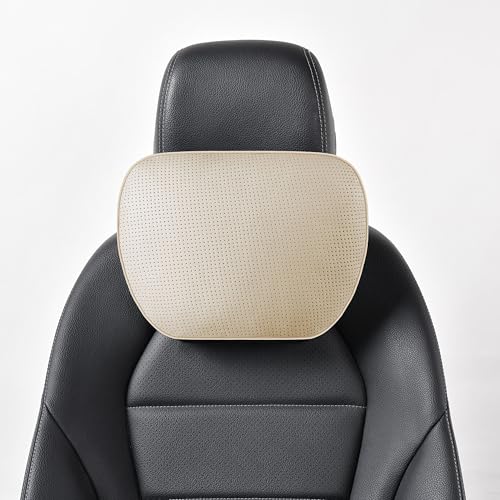 Genuine Leather Car Neck Pillow for headrest,Support Drive Seats Head Cushion,Real Cow Leather,11.8x7.5”,Plant-Based Polyester,Thickness & Height Adjustable,Inner Liner fillable(Beige,1p) - color: Beige, size: 1P Cowhide Leather neck pillow