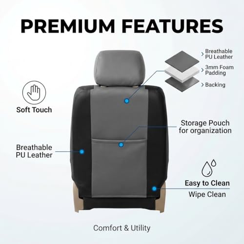 FH Group PU309102 All-Purpose Built-in Seat Belt PU Leather Seat Covers (Gray) Front Set – Universal Fit for Cars Trucks & SUVs - color: Gray/Black - Low Back (Faux Leather), size: Front Set